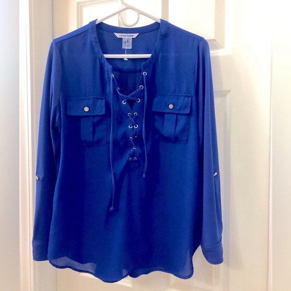 Nygard Collection Tops - NWOT Nygard blue lace up long sleeve blouse top Sz PM